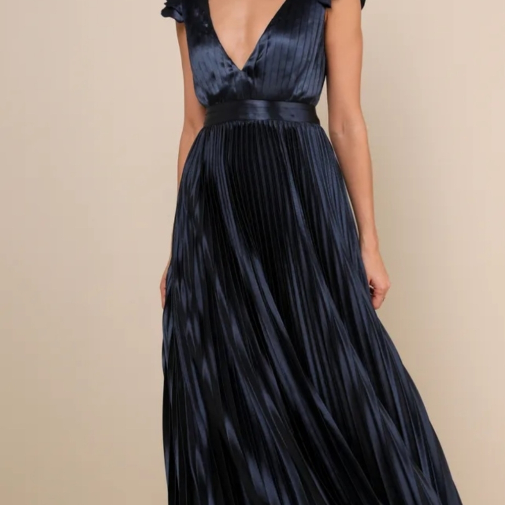 Blue Pleated Lace Up Maxi Gown with Plunge Neckline